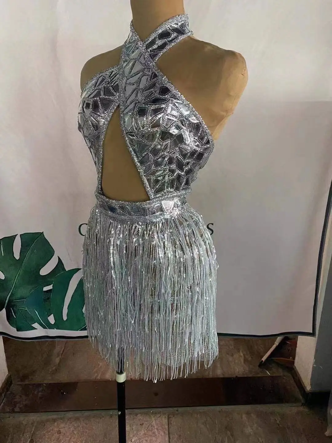 

New Birthday Celebrate dress Silver Sequin Fringe Short Dress Evening Women Dancer Singer DS Show Outfit Wear Drag Queen Costume