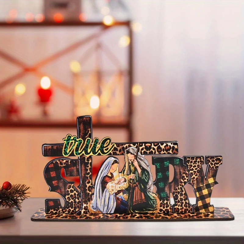 1pc Christmas Nativity Leopard Pattern Cross Story Wooden Standing Decoration Christian Decor Christmas Gift Office Decor