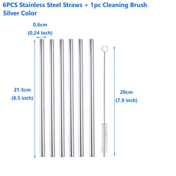 Eco - Friendly Stainless Steel Reusable Straw Set with Cleaning Brush - Perfect for Tumblers and Party Bars (Silver - 6pcs - ZHI)