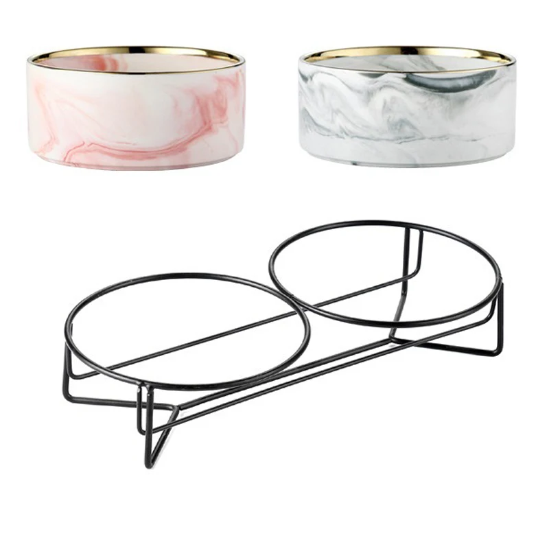 thumbnail image 1 of Cuenco de cerámica para gatos, comedero doble de mármol para perros y cachorros con soporte elevado, accesorios antideslizantes para comida y agua, productos n.° P021, 1 of 5