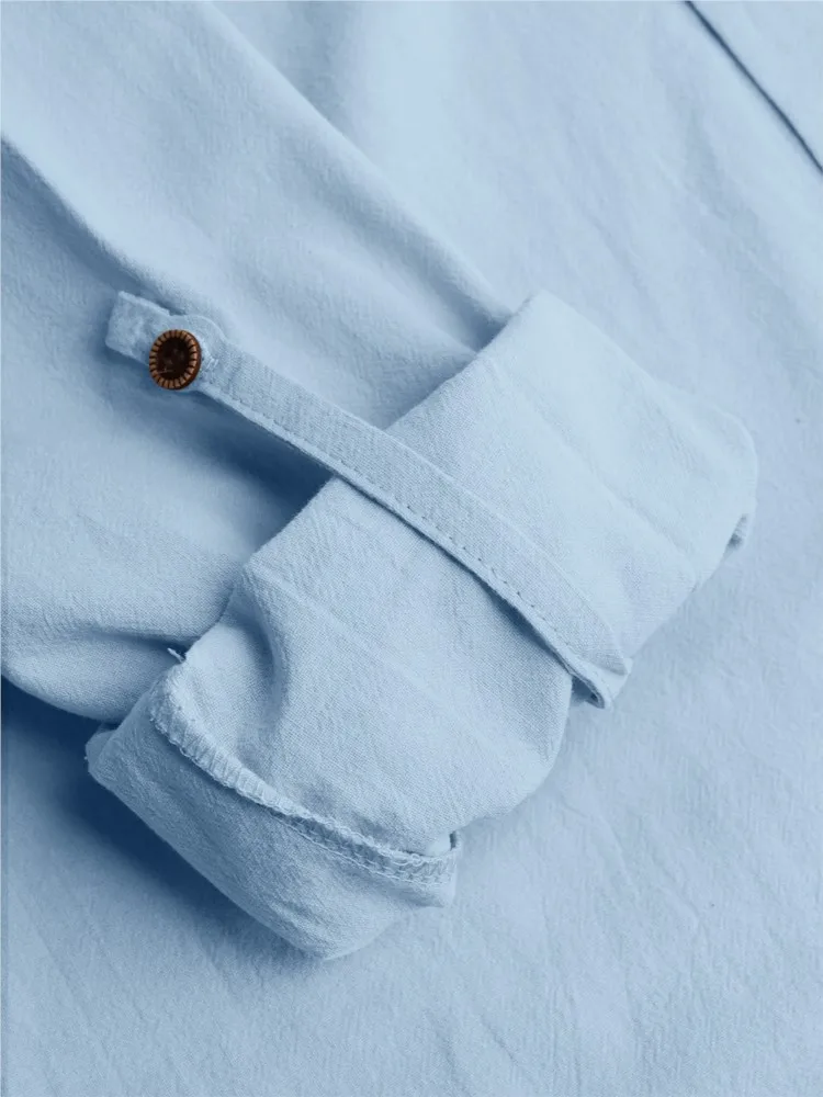 Cotton Linen Shirts for Men Premium Stand-Collar Henley Lightweight Breathable 6
