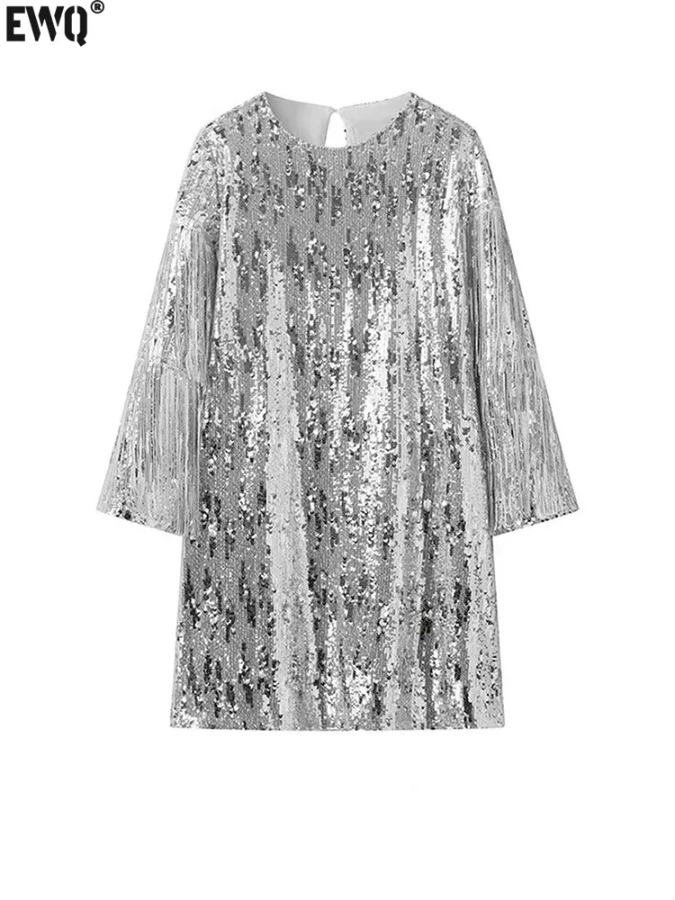 

[EWQ] European Style Tassel Beaded Mini Dress Loose Streetwear Long Sleeve Pullover Dresses Women 2024 New Spring Autumn 16U7407