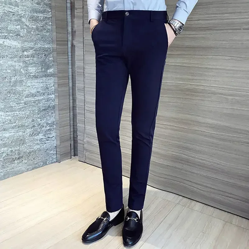 thumbnail image 1 of pantalones de verano recortados para hombre, pantalones de traje para hombre con trenzas, corte entallado, ropa de talla grande, novedad de 2025, pantalones informales finos de licra, 1 of 5