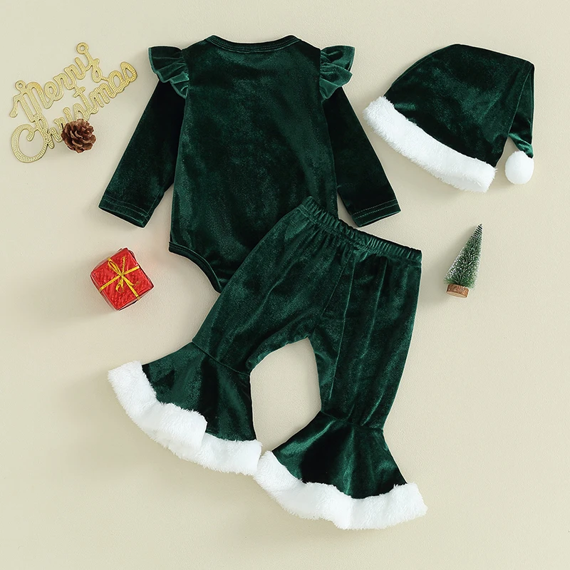 

Baby Girls Christmas Outfits Letter Print Long Sleeves Romper and Flared Pants Santa Hat Fall Clothes