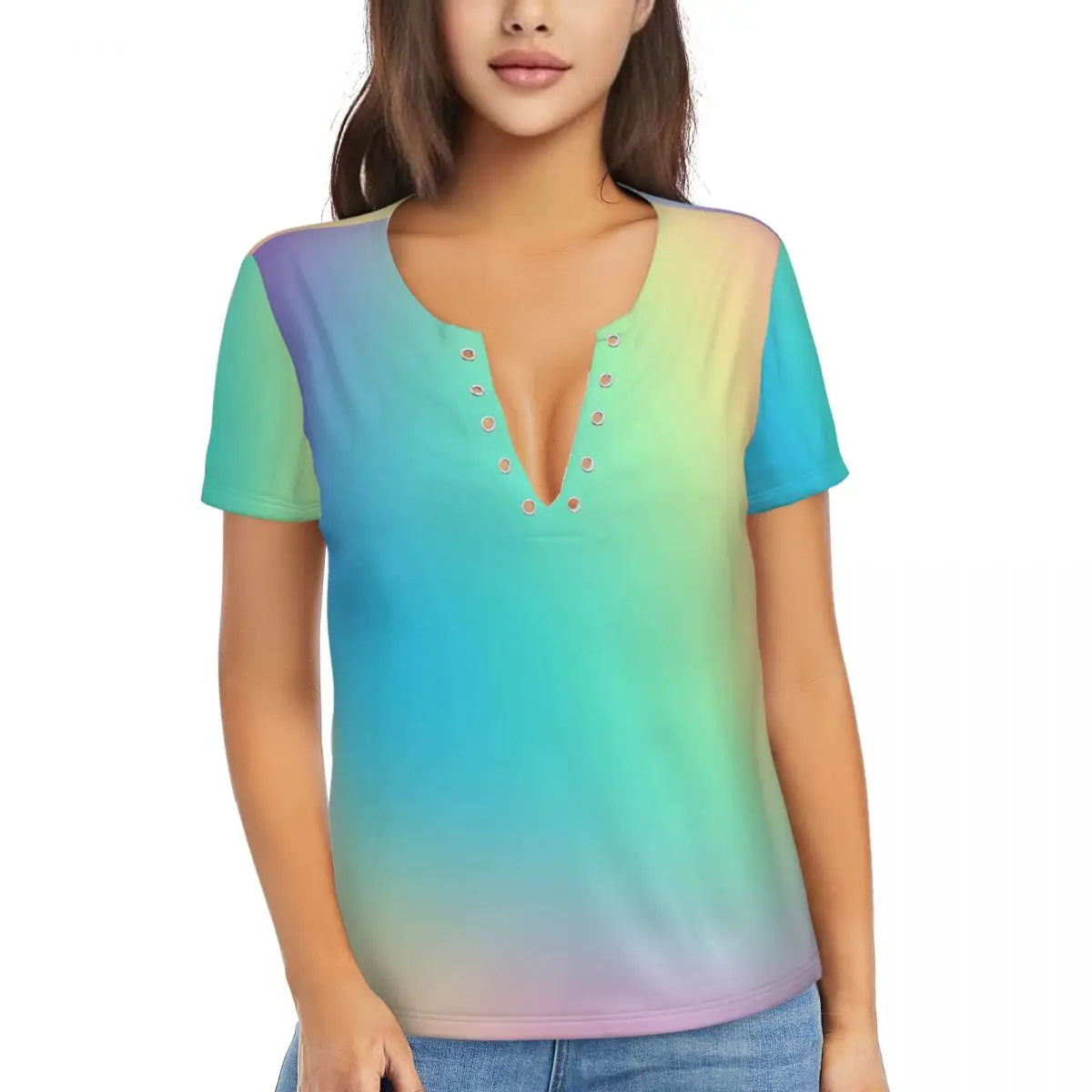 

Pastel Ombre T-Shirt Rainbow Print Trendy Deep V Neck T Shirts Short-Sleeve Street Style Tee Shirt Summer Graphic Tees Big Size