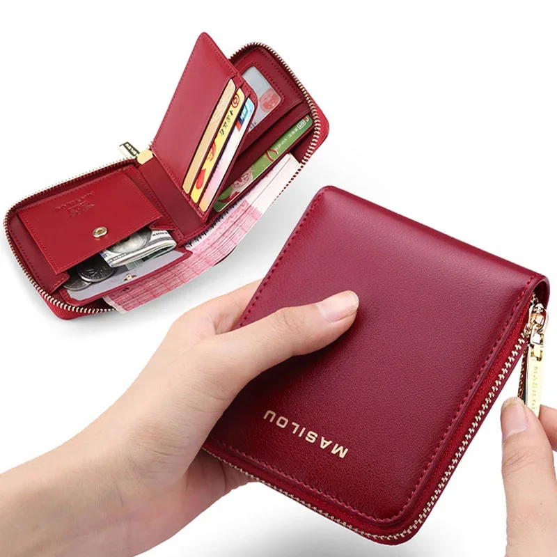 

2024 Women's Zipper Coin Purse PU Leather Wallet Blocking Cow Skin 6 Card Slots Card Holder Bag Wallet Woman Zipper Pocket 파우치