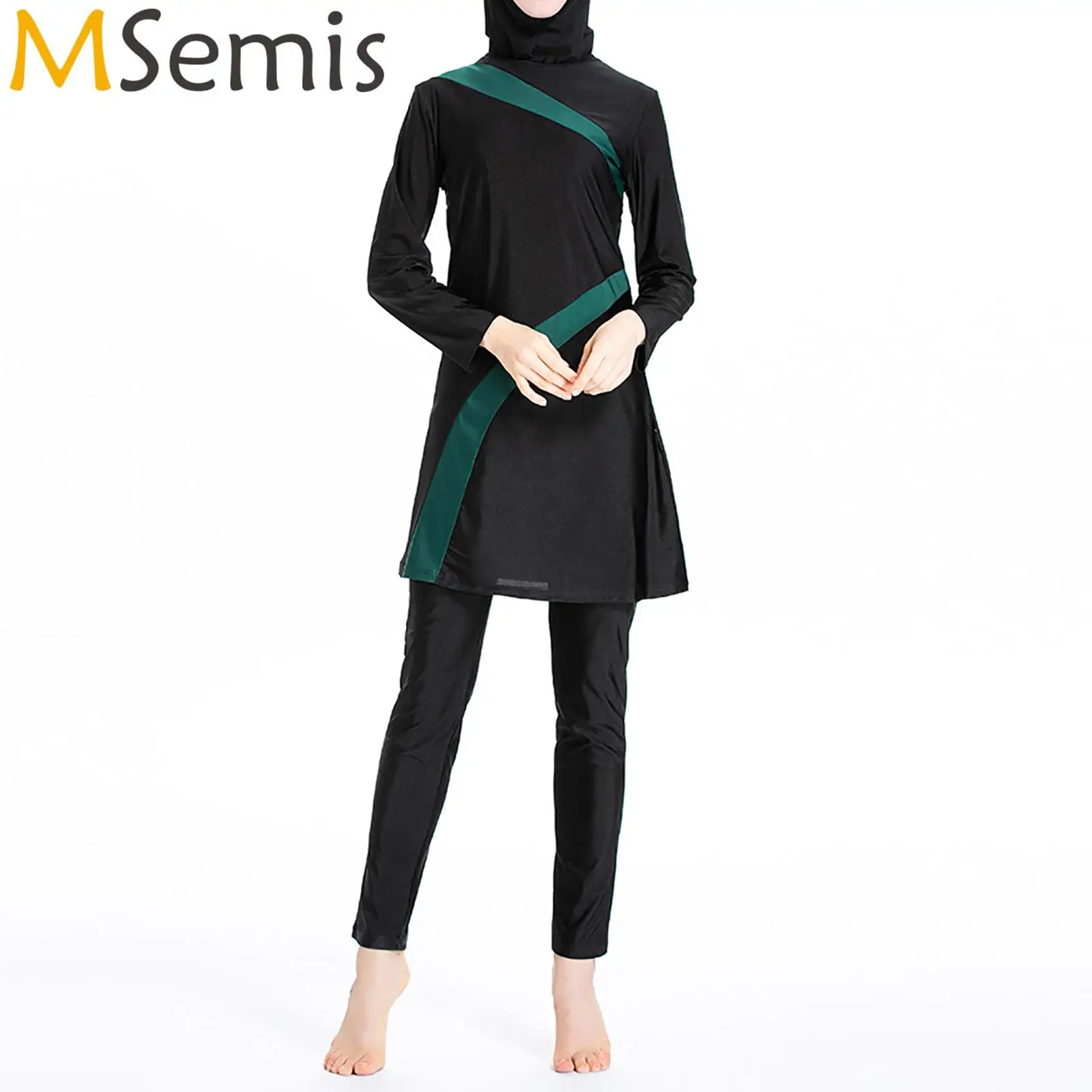 

3Pcs Women's Modest Muslim Burkini Swimsuit Set Long Sleeve Padded Top Pants Hijab Islamic Full Cover Conservative Swimwear