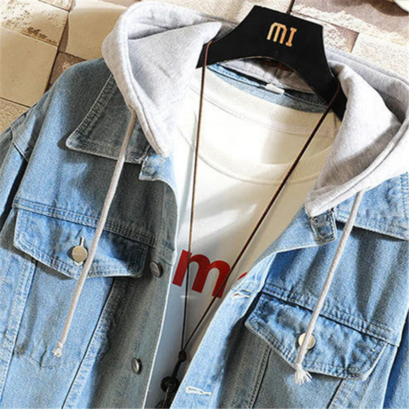 Denim Jacket Men Hooded Casual Men Jean Jackets Streetwear Solid Color Turn Down Collar Denim Coats Men Jacktes Hat Detachable 5