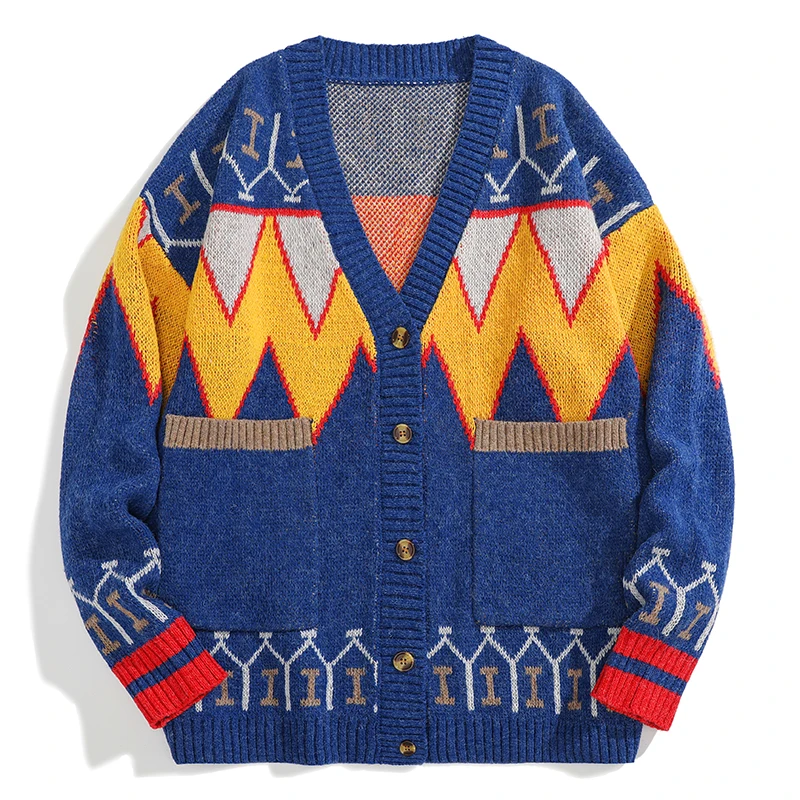 Men's Spring Knitted Alphabet Sweater Outdoor Windproof V-neck Pullover Men's Plush Diamond-patterned Knitted Sweater