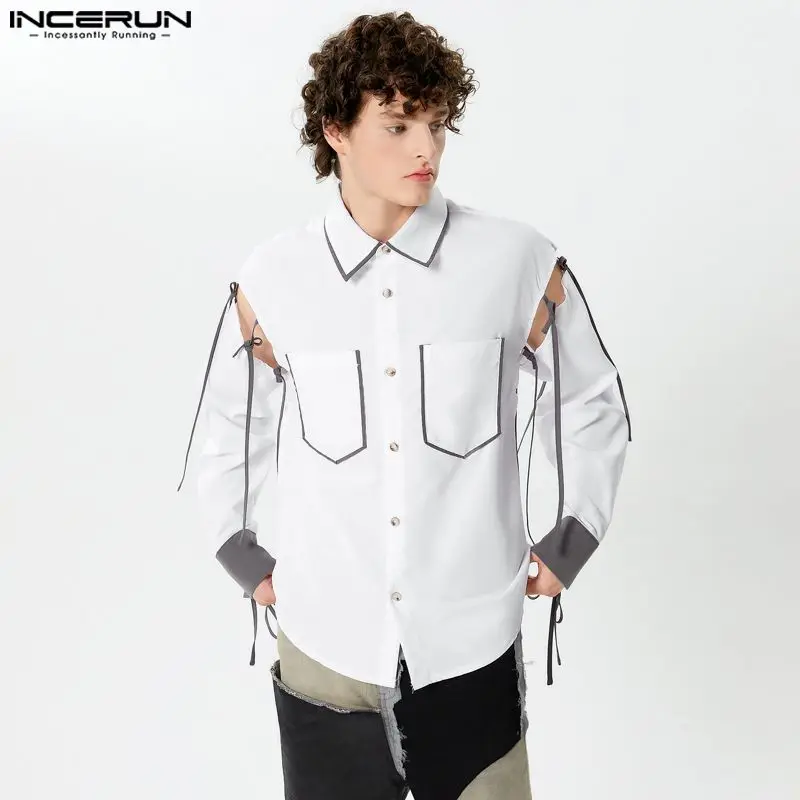

2024 Men Shirt Patchwork Hollow Out Lapel Long Sleeve Lace Up Casual Men Clothing Streetwear Pockets Fashion Camisas 5XL INCERUN