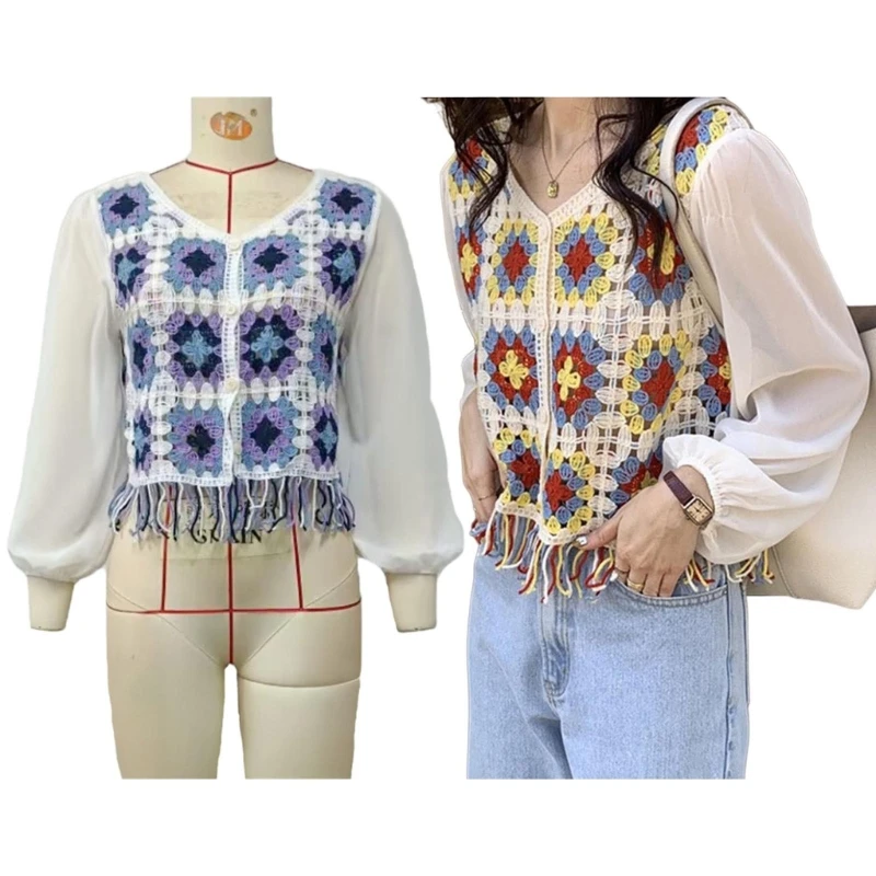 

Women's Crochet Cardigans Tassels Long Sleeve Knitted Sweaters Blouse Tops 10CF