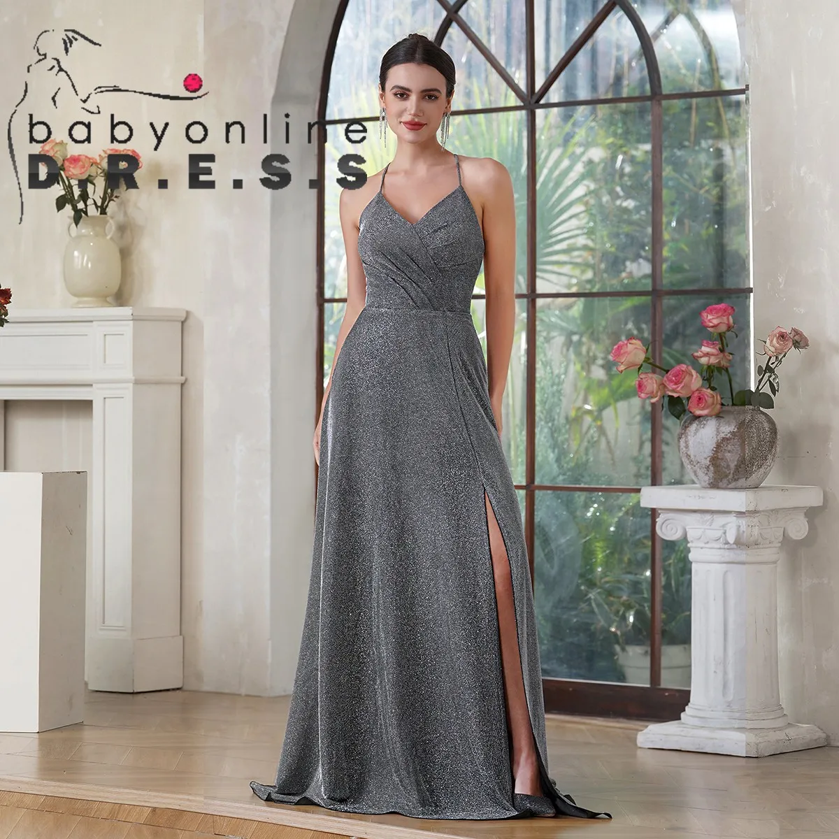 BABYONLINE Full Sequined Plunging Neck A-Line Dress Bridesmaid