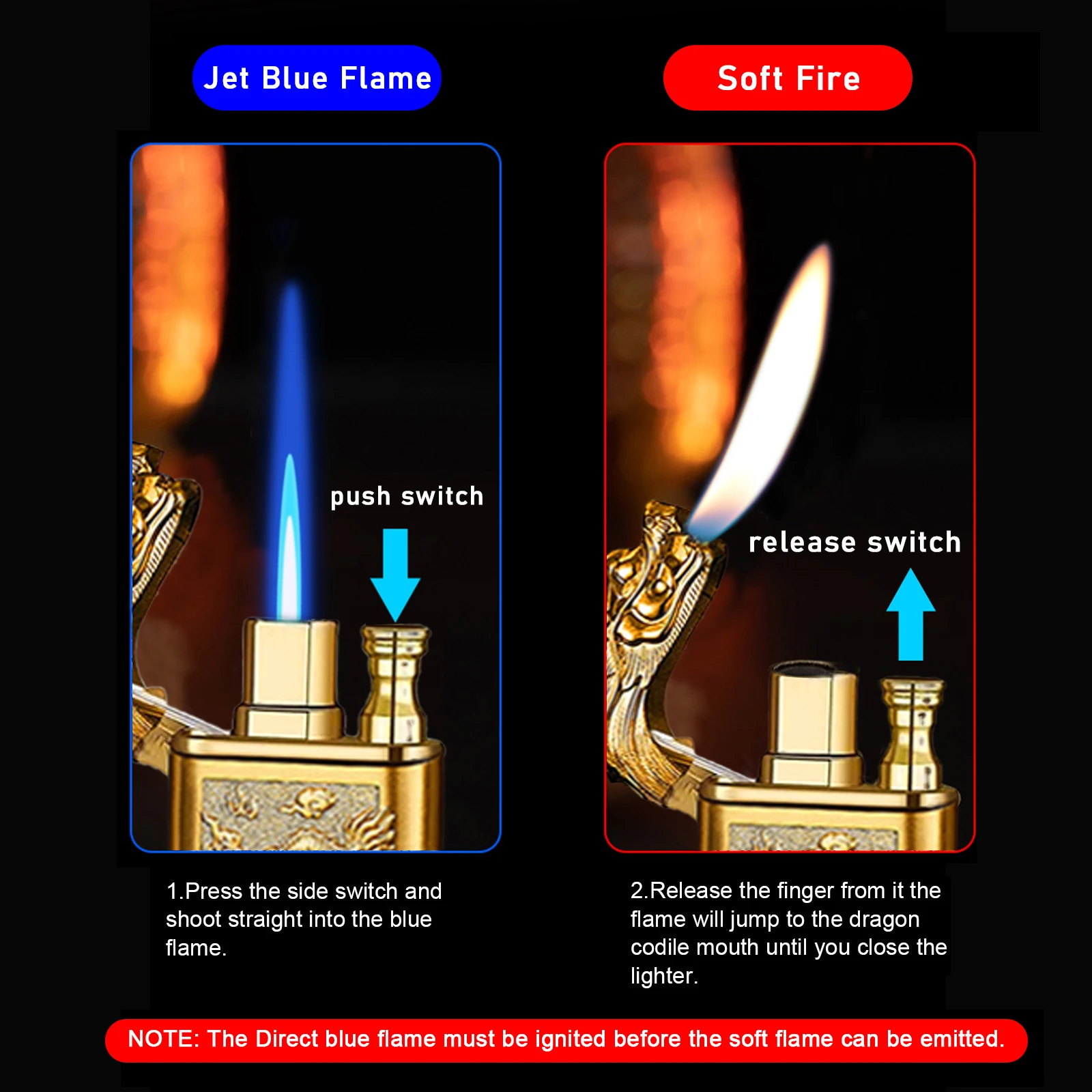 Dragon Design Magic Dual Flame Torch Lighter with Adjusting Flame Tool Windproof Jet Lighter (Without Butane) bbq lighter,butane gas lighter