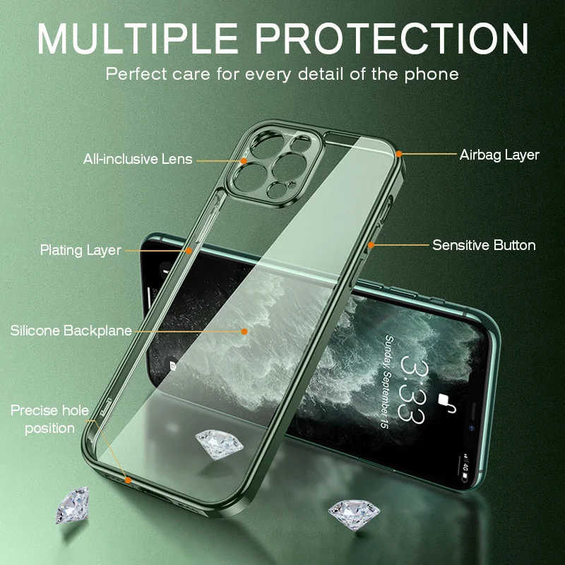 Luxury Plating Bumper Clear Case For iPhone 13 12 11 Pro Max Mini X XS XR 7 8 Plus SE 3 2 Transparent Soft Silicone Phone Cover apple iphone 11 Pro Max case