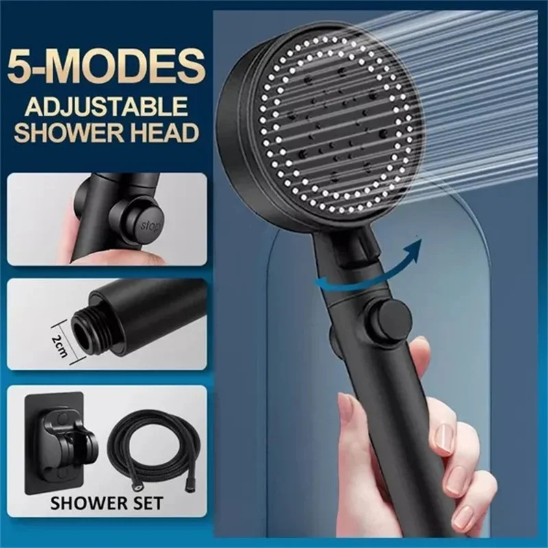 

Shower Head 5 Modes Adjustable Bathing Sprayer Handheld Shower Head Black Silver for Luxury Bath Massage SPA One Button Switch