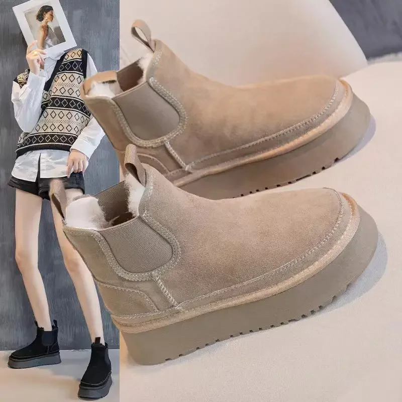 

Brand women's boots Leather snow boots women's winter new thick sole warm Chelsea smoke snow boots