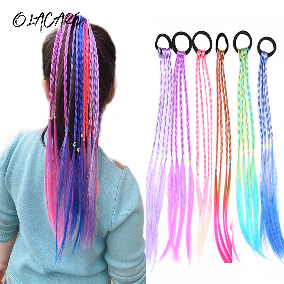 

Synthetic 24 Inch Long Colored Box Braids Hair Ponytail With Rubber Bands Rainbow Twist Braided Highlights Ponytail For Women