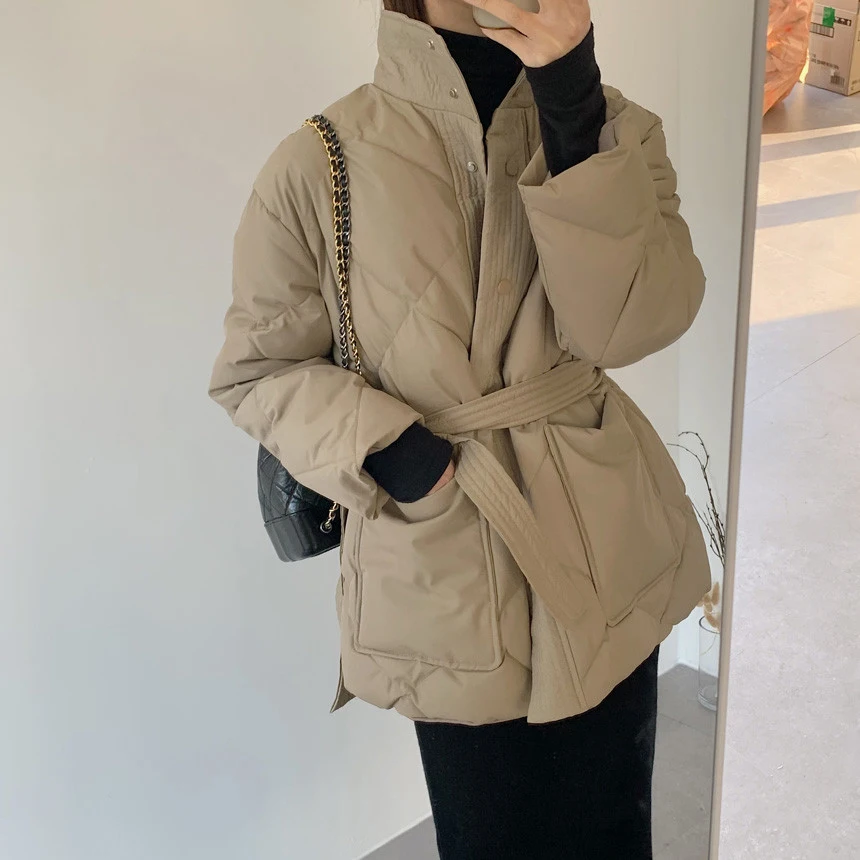 Winter Stand-up Collar Cotton Jacket Women Single-breasted Long-sleeved Solid Belt Thick Coat Korean Fashion Pocket Outerwear