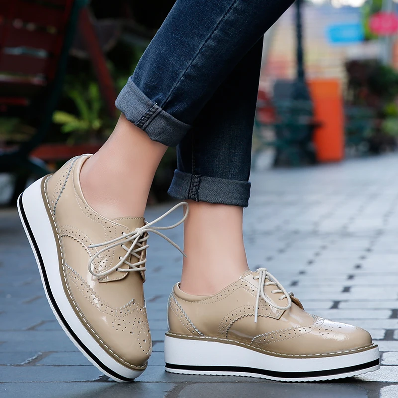 STRONGSHEN British Style Women Brogue Shoes Round Toe Oxfords Platform Casual Leather Footwear Increase 4.5cm Sapatos Chaussures 4