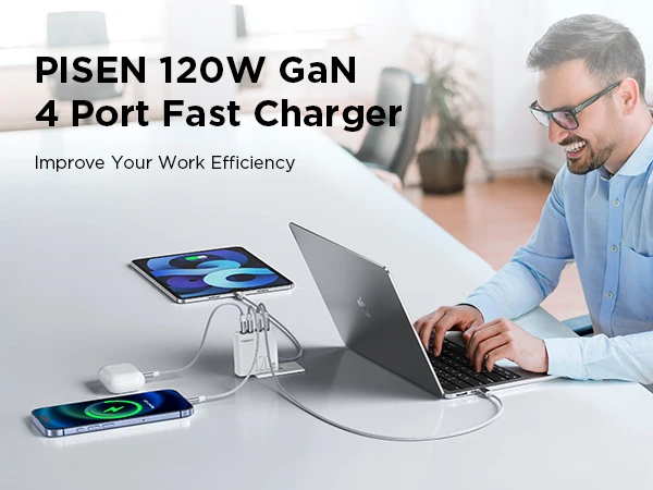 PISEN 120W GaNUSB C Charger comes with a 6-foot USB-C to C cable for MacBook Pro/Air, Pixelbook, iPad, iPhone series, Samsung