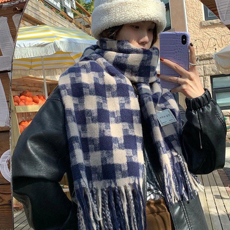 

Large Navy Blue Women's Scarf Winter Thicken Shawl for Female 2022 Fashion Retro Plaid Pashmina Foulard