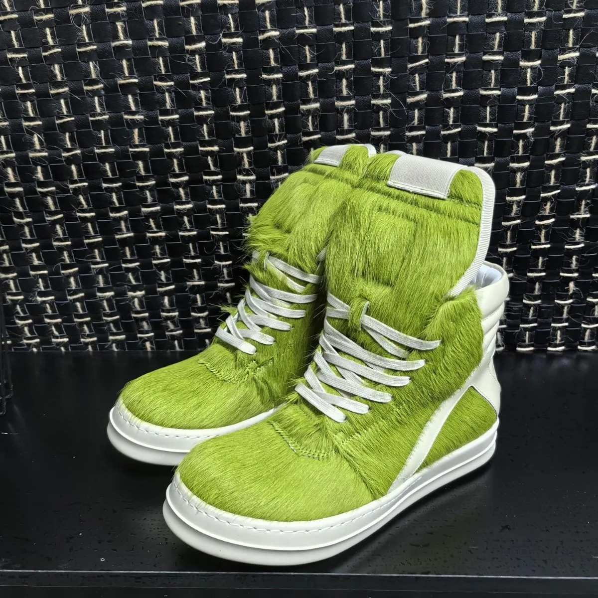 

Men Shoes For Women Green Horsehair Genuine Leather High Top Lace Up Ankle Boots Owens High Street Vintage Luxury Rick Sneakers