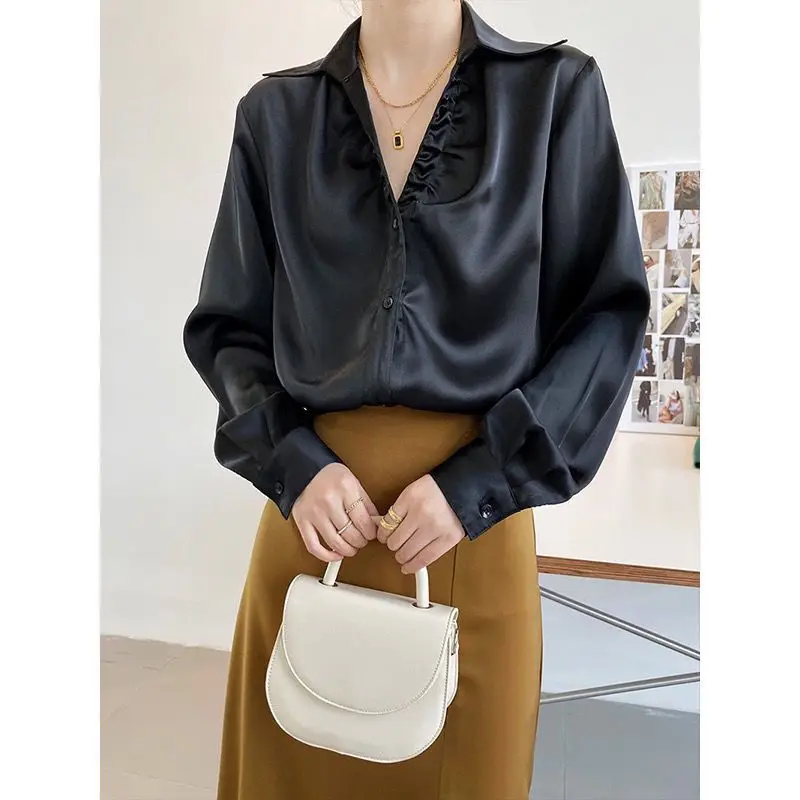 French Pleated V-neck Acetic Acid Satin Surface Women Spring Long Sleeved Simplicity Temperament Light Ripe Wind All-match Shirt