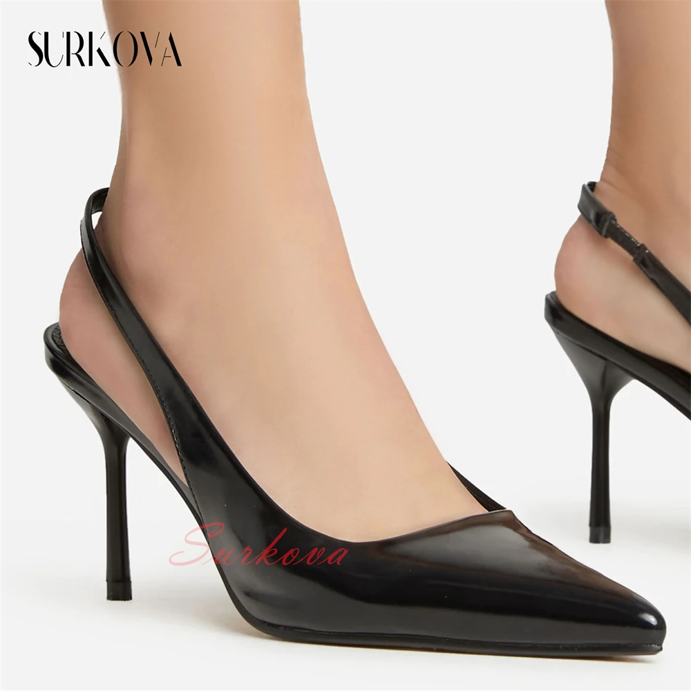 

Solid Color Pointed Toe Patent Leather Pumps for Women Elastic Back Strap Thin Heel Low Heel Pumps Comcise Women's Casual Shoes