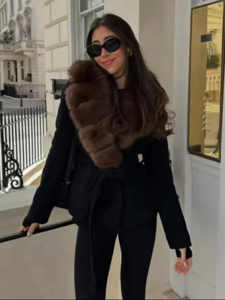 Elegant Faux Fur Woolen Coat Women Shawl Collar Belted Long Sleeve Jacket Coats Female Autumn Winter Fashion Lady New Outerwears