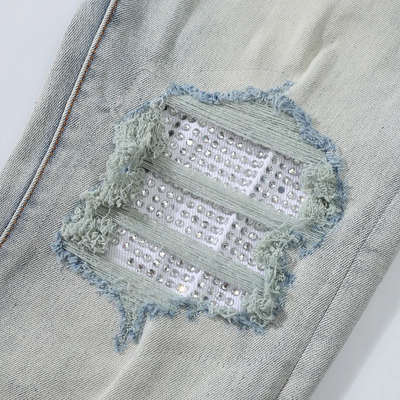 Latest Street Fashion Men's Jeans Retro Light Blue Elastic Slim Fit Split Jeans Men's Fishing Net Patch Designer Hip Hop Brand P