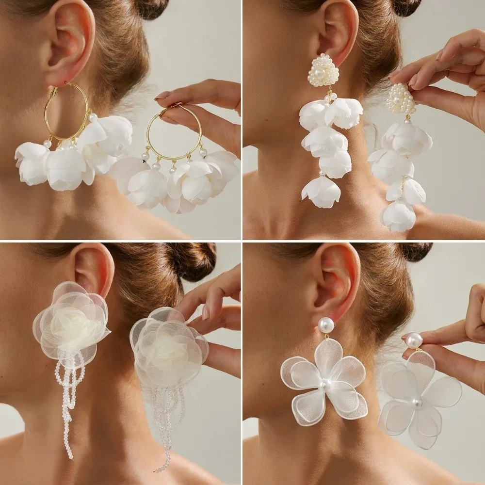 Exquisite Exaggerated Pendant Earrings Mesh Imitation Pearl Dangle Earrings White Flower Long Earrings Ear Accessories