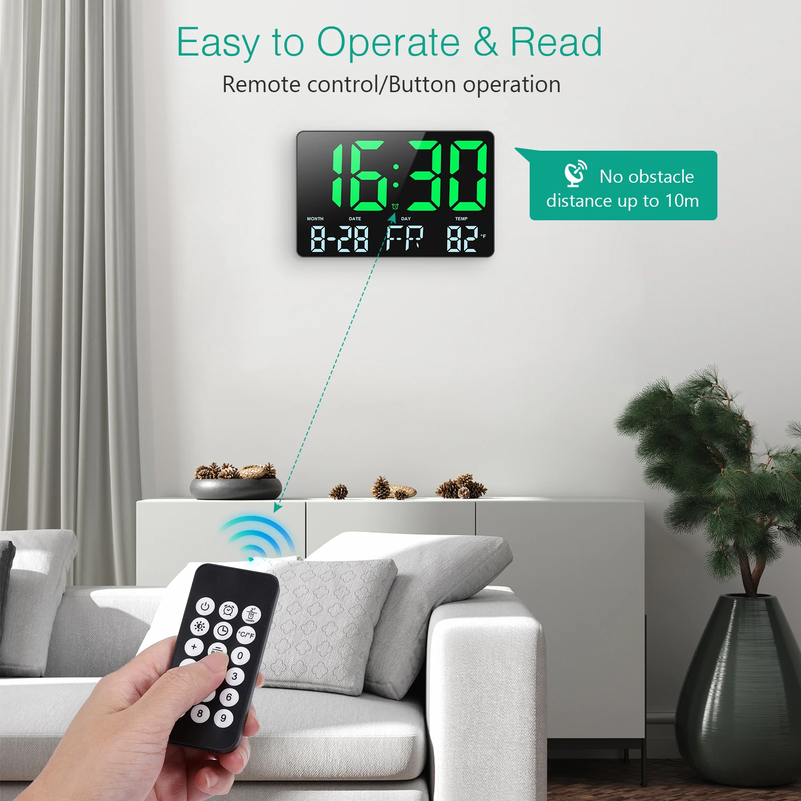 Digital Wall Clock 11.5" Large LED Display with Date Temp Display for Living Room Bedroom Office Gym Garage