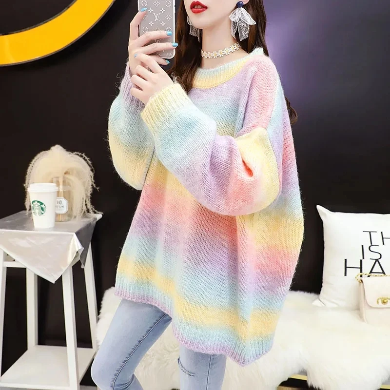 

Rainbow Pullover Sweater Women's Outside Wear Autumn 2020 New Korean Round Neck Loose Cocoon Long-Sleeved Knitt Sweater Tops