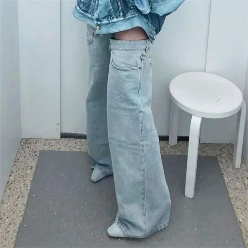 

New Women Blue Washed Jeans Retro Style Knee High Boots Pointed Fashion Spicy Girls Loose Straight Casual Pants Boots Size 34-43