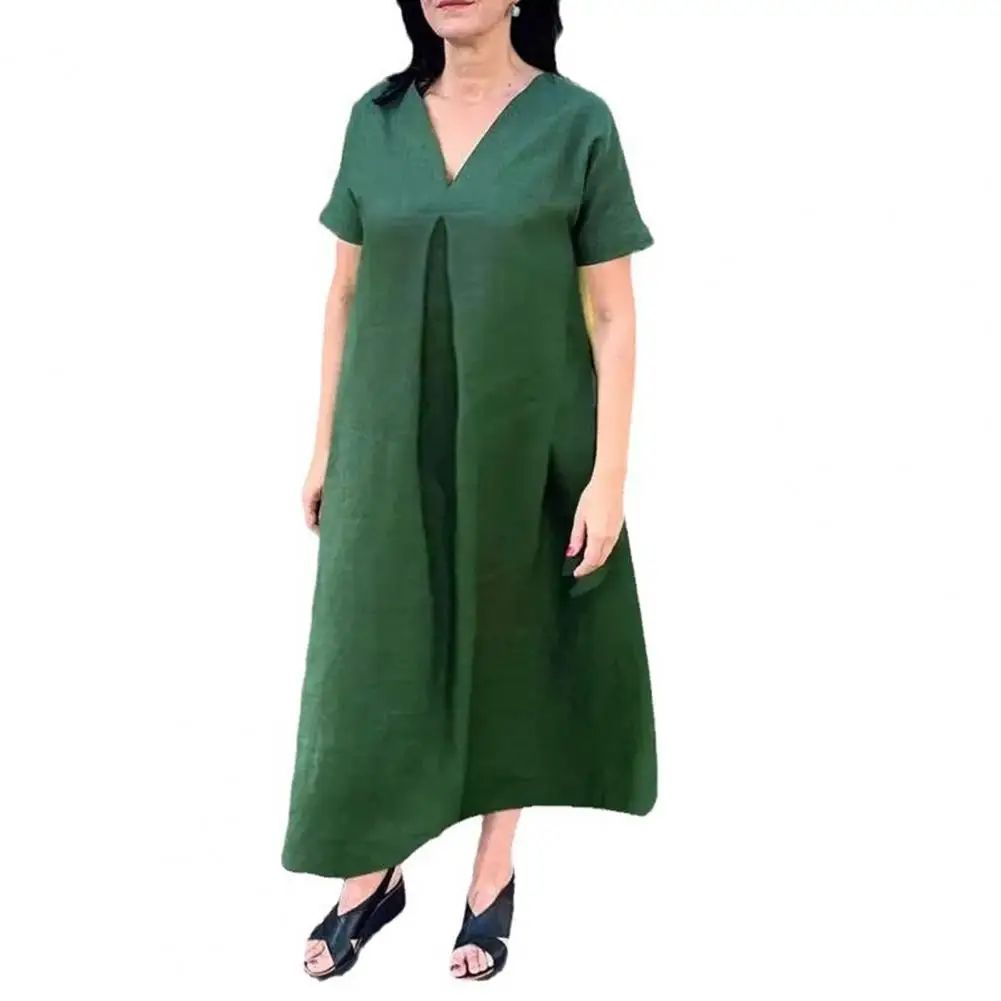 

Solid Color Dress Versatile Women's Summer Maxi Dress Stylish V-neck A-line with Pockets Short Sleeves Split Hem for Commute