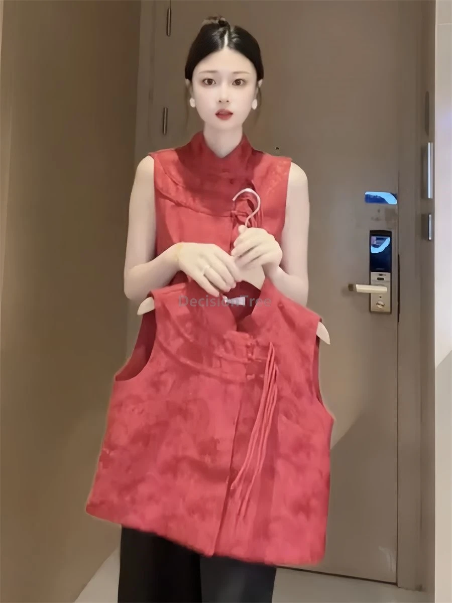 2025 new chinese style printed retro waistcoat women spring and autumn tassek buckle cheongsam vest sleeveless tang suit vest