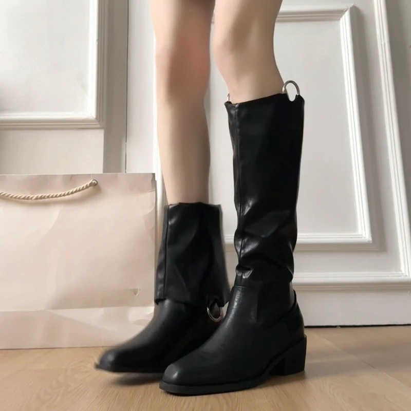 2025 New Winter Vintage Women Knee High Boot Concise Slip on Thick Heel Shoes Square Toe Knight Long Booties