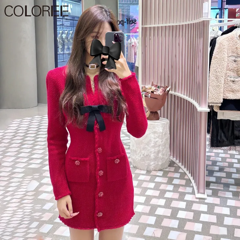 

80% Wool Knitted Sweater Dresses Women Runway Designer High Quality Elegant Bow Long Sleeve Red Christmas Dress 2023 Vestidos