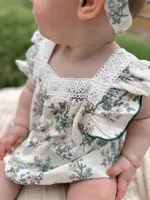 MILANCEL New Summer Baby Girls Rompers One-Pieced Toddler Sweet Green Floral Jumpsuit with Hairband Infant Outwear Outfits 3