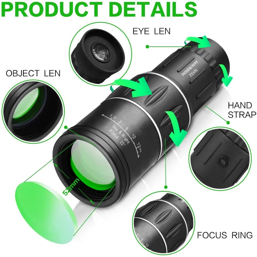 16x52 HD Portable Green Film Monocular Telescope,For Birdwatching Hiking Concert Photography Powerful Long Range Spyglass 4