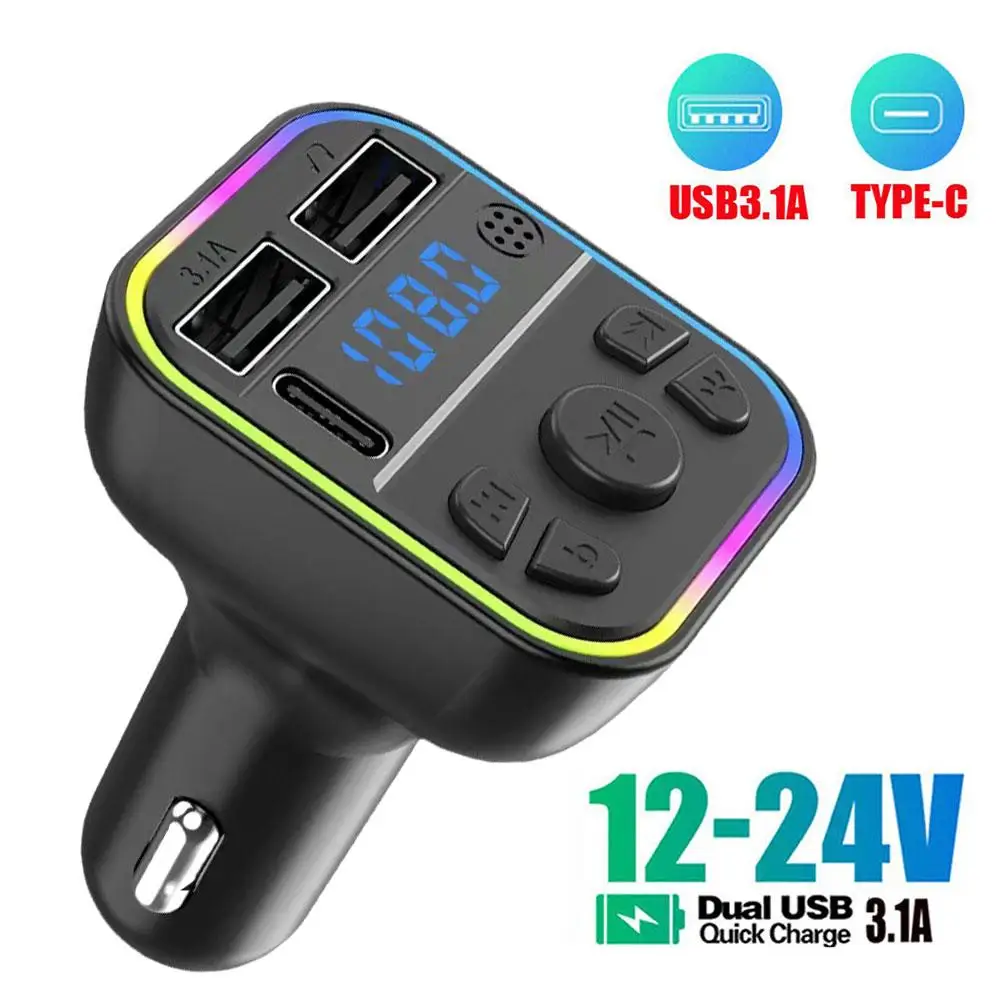FM Transmitter Car MP3 Player 1pcs Car Bluetooth Player Car 5.0 FM Transmitter PD MP3 3.1A Colorful USB Charger Fast Light Type-C Handsfree Ambient Dual P2G4