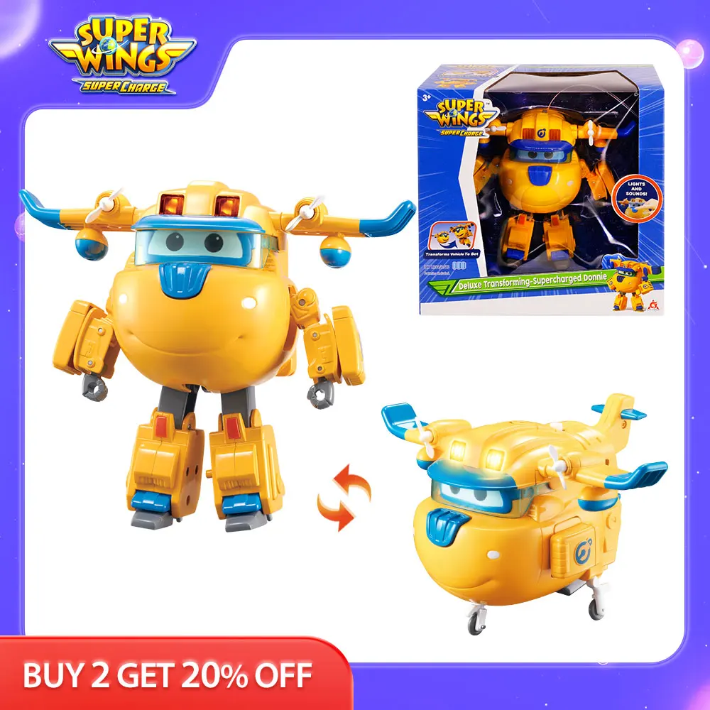 

Super Wings 6 inches Deluxe Transforming Supercharged Donnie Deformation Robot Plane With Lights Sounds Action Figures Toys