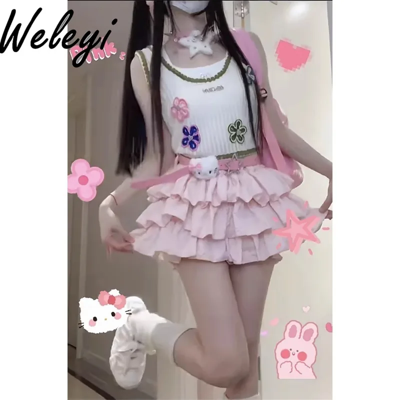 

Jirai Kei Dopamine Versatile Cake Skirt Women's Spring Summer Cutecore Three Dimensional Crumpled Pink Pumpkin Pants Pettiskirt