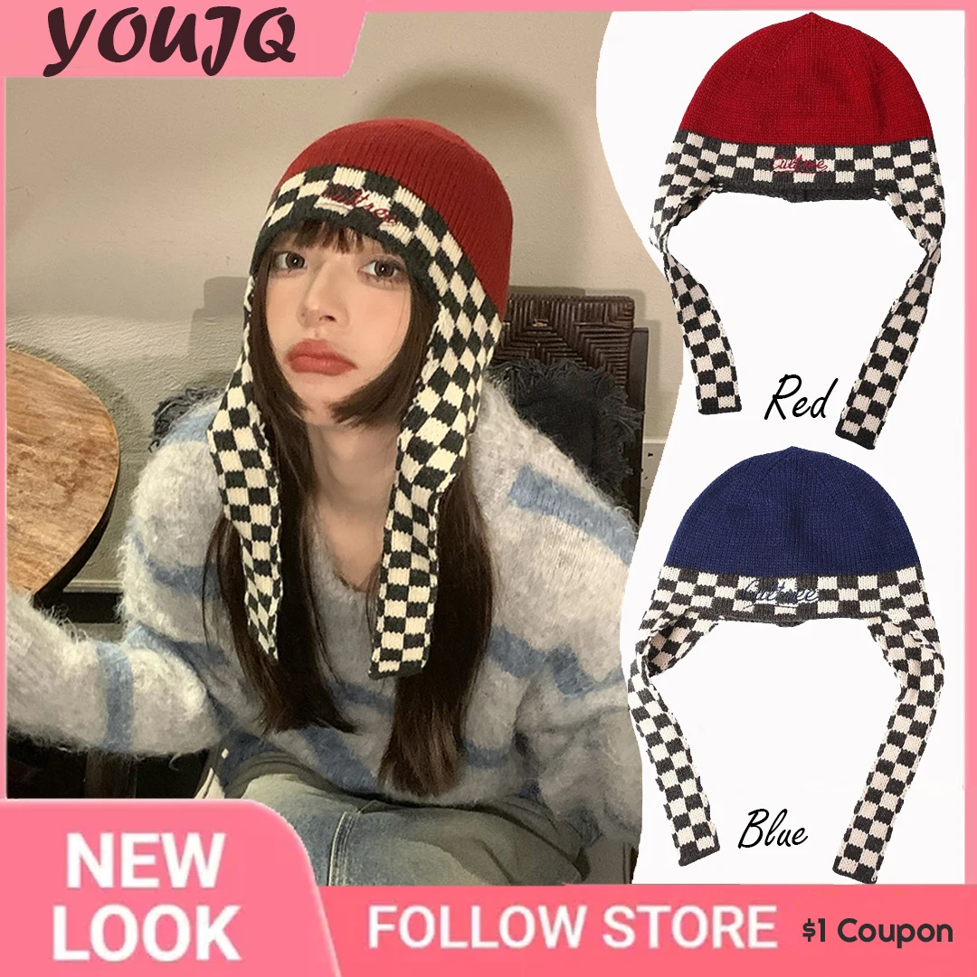 

Y2K Punk Autumn Winter Checkerboard Lattice Knit Hat Warm Ear Protection Flight Cap Retro Knitted Women's Bomber Gorro