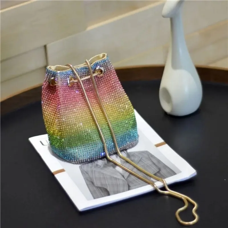 Korean Version Crossbody Bags Women Crystals Bucket Bling Fashion All-match Rainbow Mixed Colors Purse Shoulder Bags
