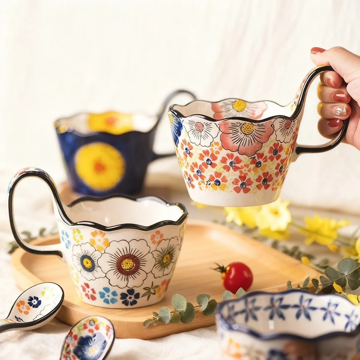 Hand-Painted Ceramic Floral Mug, Microwave Safe & Insulated for Hot and Cold Beverages
