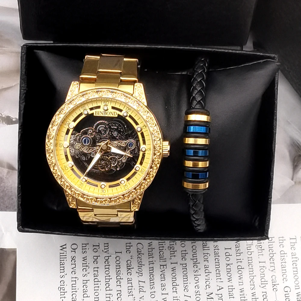 2Pcs Top Brand Fashion Men Watch Skeleton Hollow Out Quartz Watch Vintage Man Steel Watches Men's Leather Bracelets Set With Box