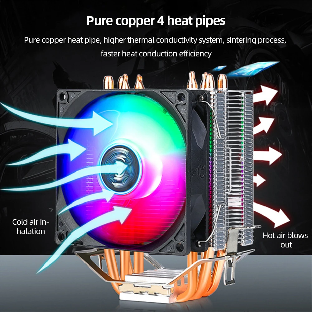 Ventilador de Refrigeração Cpu para Intel Cpu Cooler Heat Pipe Radiador do pc 3pin Pwm Rgb Silencioso Lga1150 1151 1155 1200 1366 Amd Am4 - Imagem 4