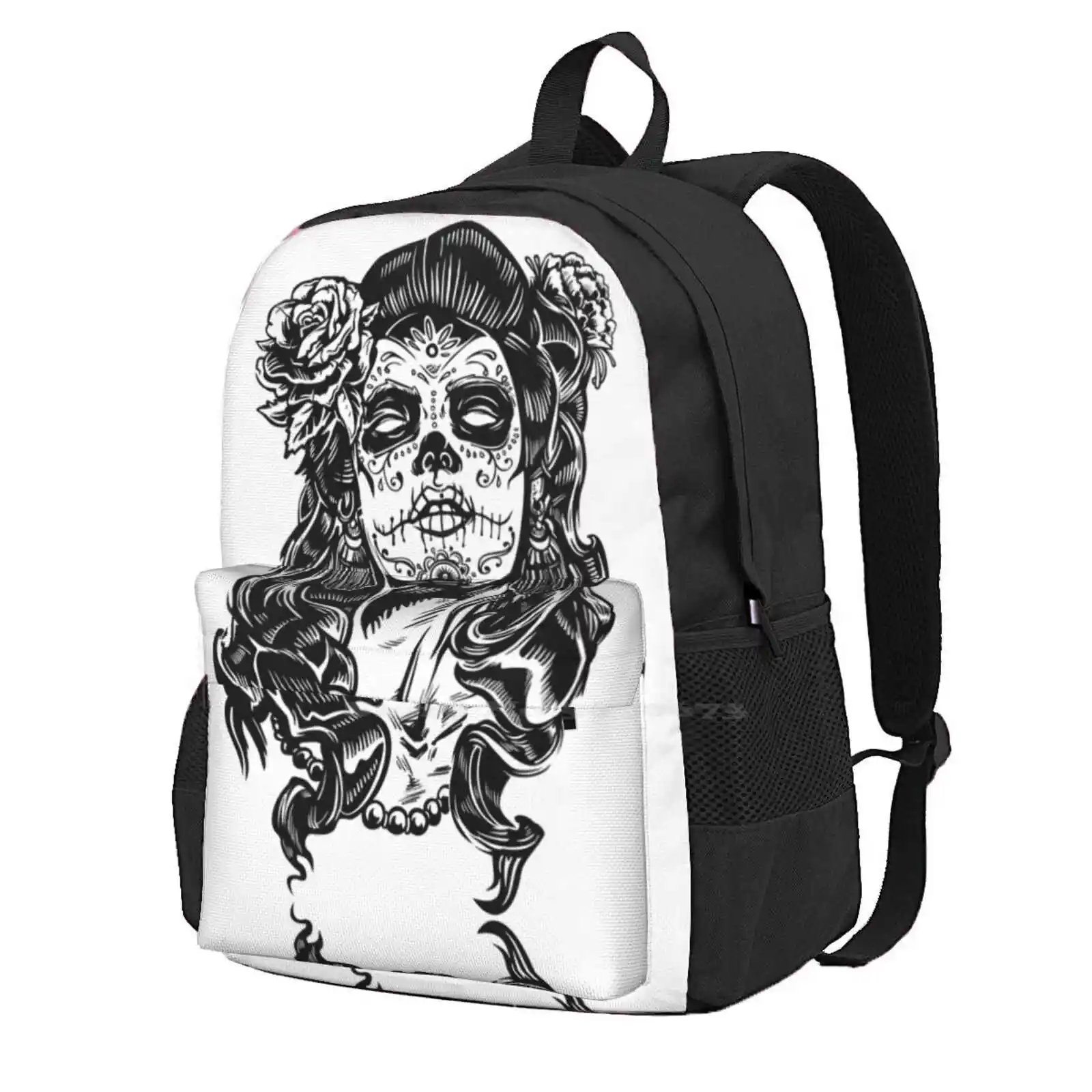 

La Calavera Catrina Drawing New Arrivals Unisex Bags Student Bag Backpack Monochrome Fictional Character Symbolism Santa Muerte