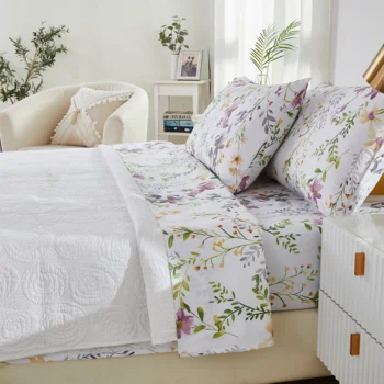 4pcs 600 TC 100% Egyptian Cotton Fitted Sheet Set (Without Core), Fresh Pinky Spring Botanical Pattern, Soft And Skin-friendly 3